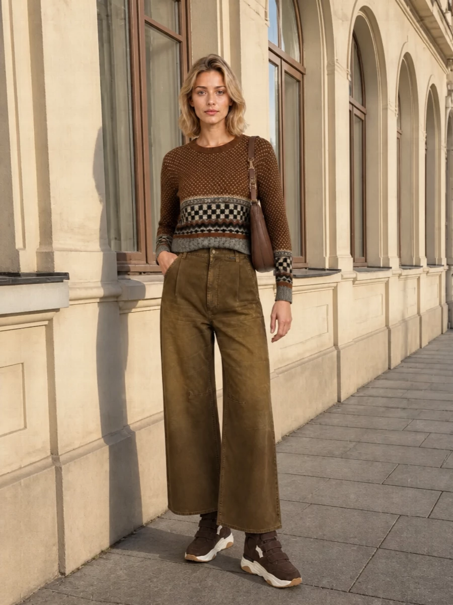 Chocolate wedge sneakers meet a cropped retro knit and washed brown wide-leg for a grounded, easy streetwear uniform in one warm tonal story. The high-rise pleated denim keeps the volume intentional, while the curved leather hobo adds a quiet, tactile finish. This is easy city dressing that still reads considered from coffee runs to gallery afternoons.