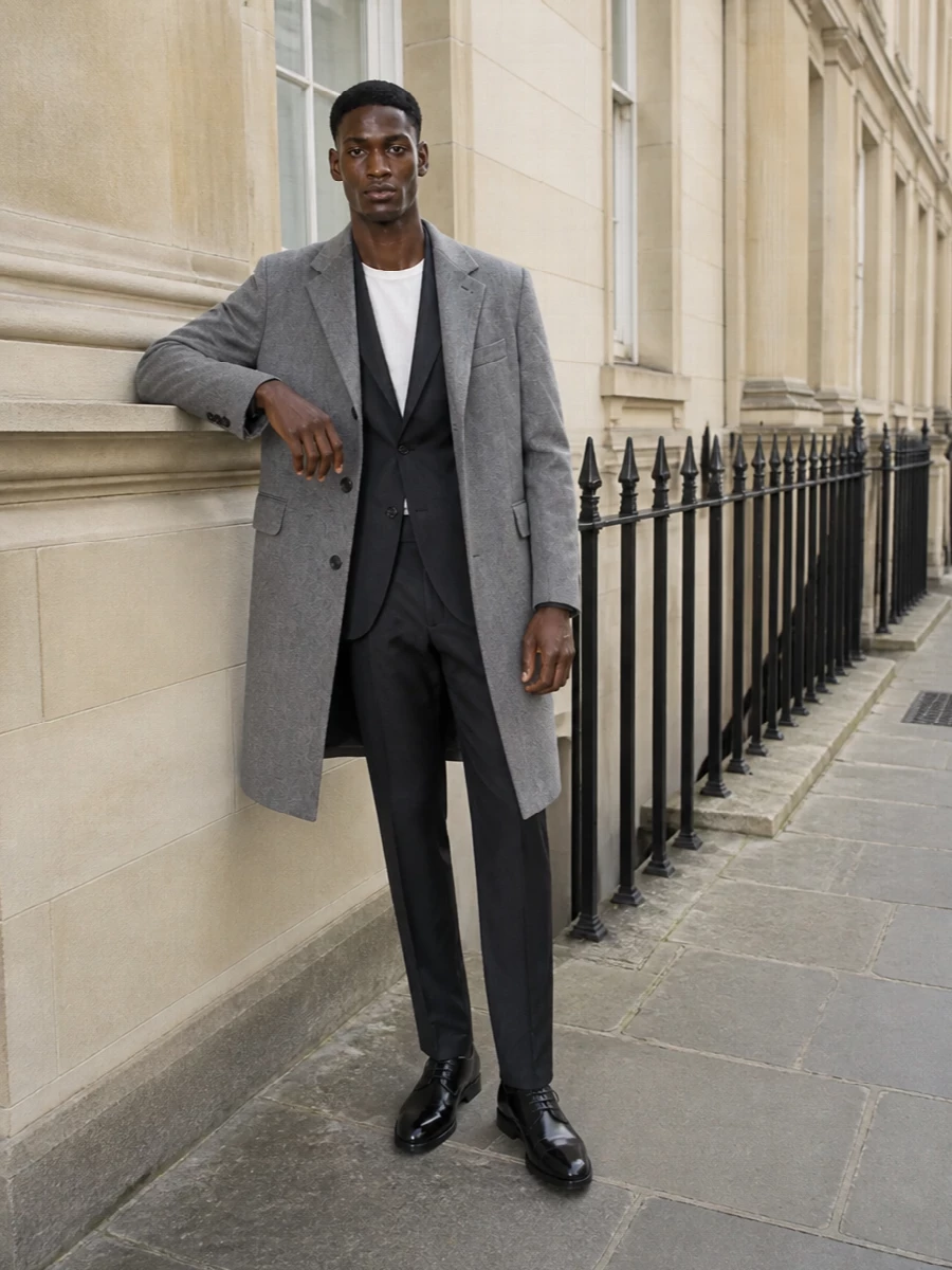 Tagliatore grey coat charcoal suit tods derby