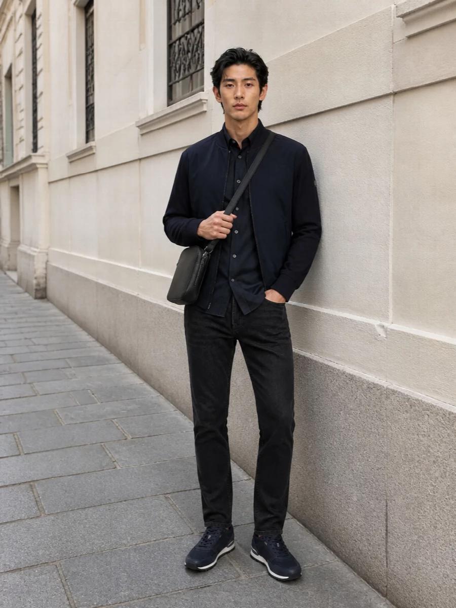 Boss navy bomber jeans sneakers outfit
