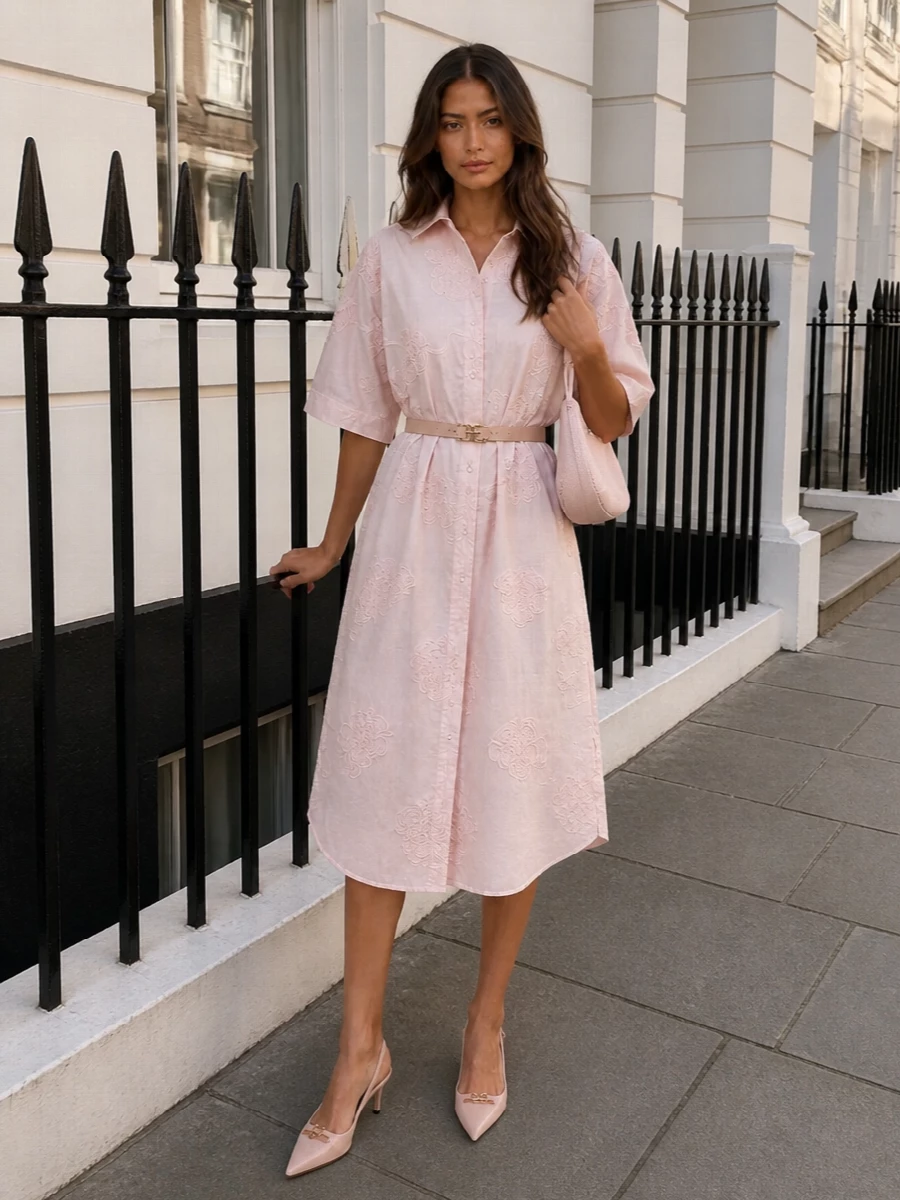 Rotate pink embroidered shirt dress heels outfit