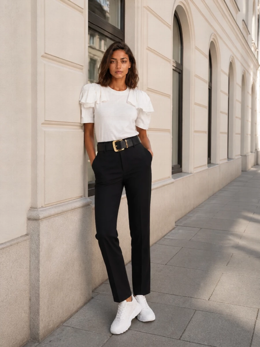 Alexander mcqueen ruffle top black tailored trousers