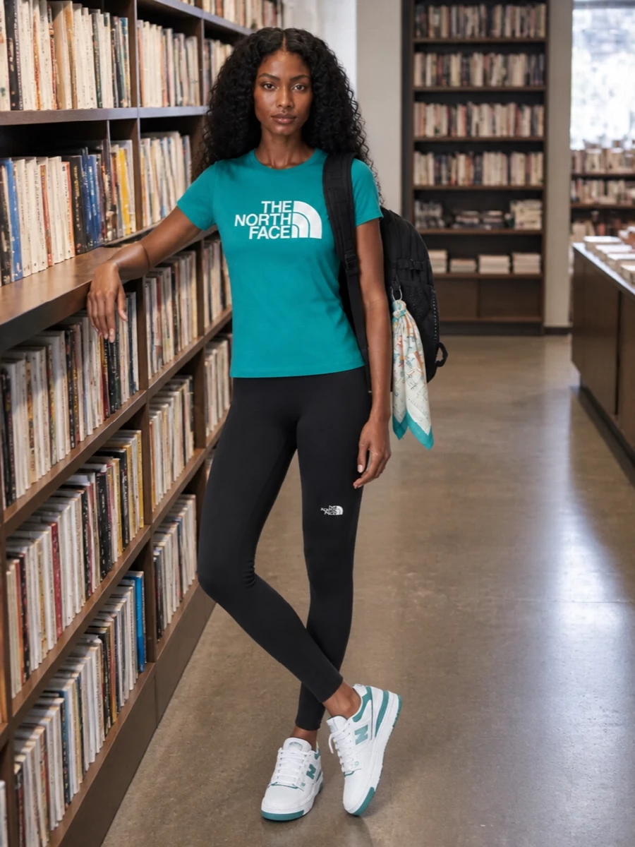 The north face teal tee black leggings outfit