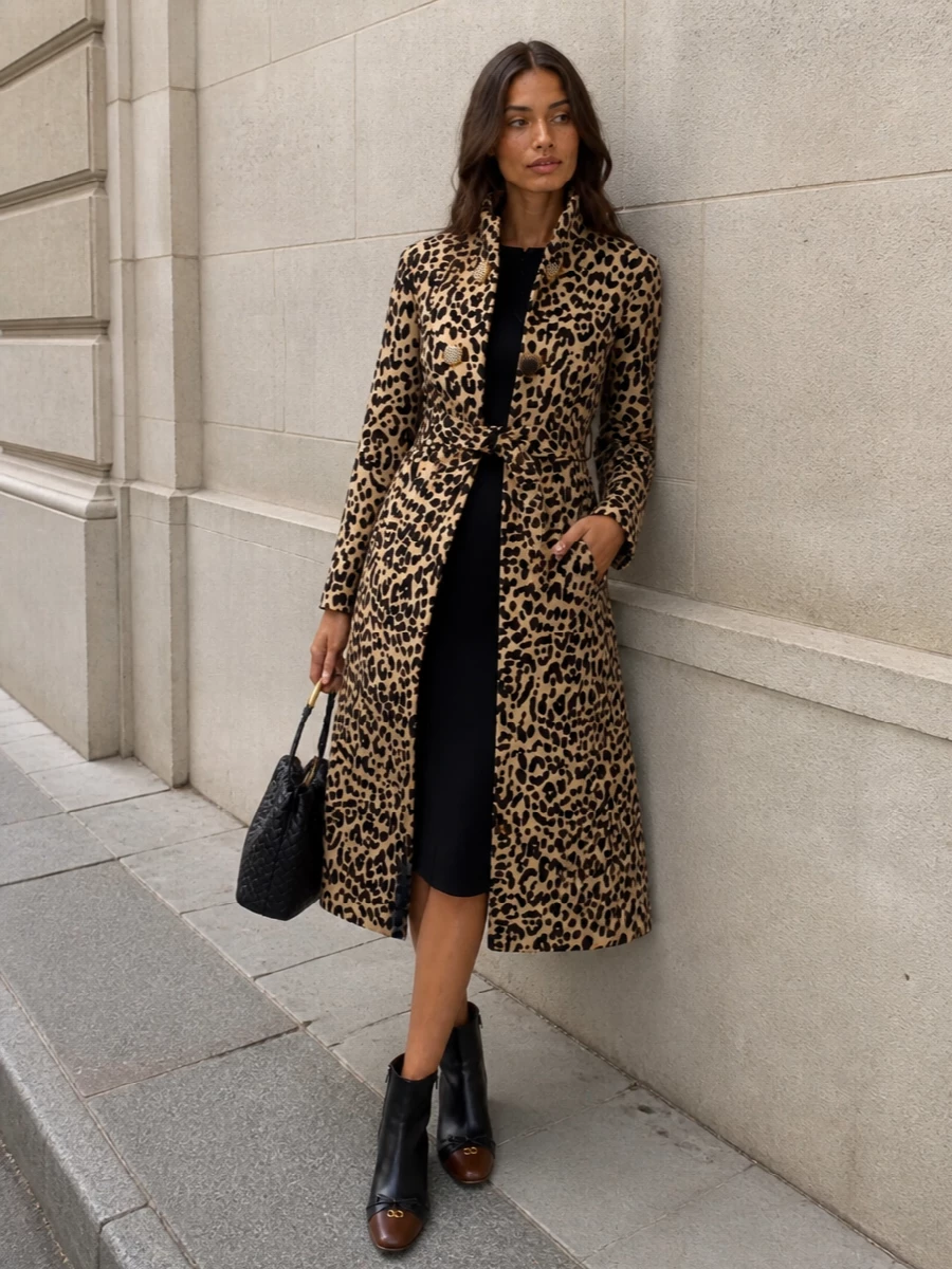 This look centers the Valentino leopard coat as unapologetic statement armor, layered over a sleek black Valentino sheath for a column of quiet sophistication underneath. Black-and-brown Valentino ankle boots subtly pick up the coat’s tones while the sculptural Bottega evening bag adds discreet luxury, resulting in a cohesive FW city-evening ensemble that feels powerful, polished, and timelessly glamorous without overdoing the animal motif. I chose the dress route to maintain a long, uninterrupted line under the coat and avoid the visual busyness that tailored separates would introduce against such a strong outerwear piece.