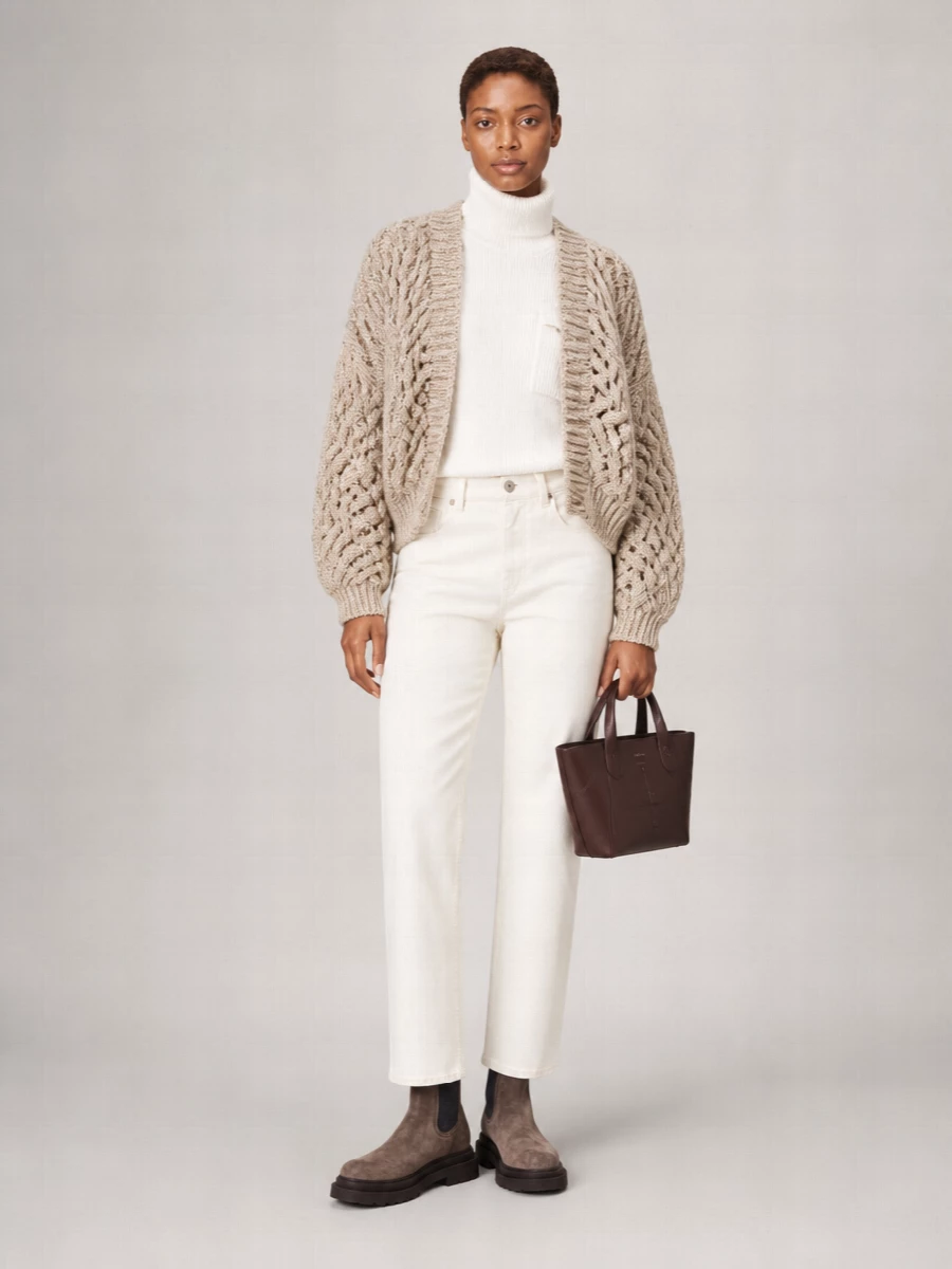 Brunello Cucinelli Silk Linen Openwork Sequin Cropped V-Neck Cardigan