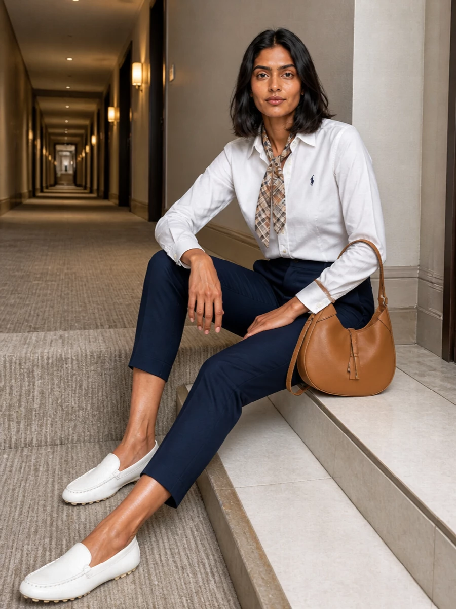 A crisp white button-down meets navy cropped chinos for a clean, collegiate take on warm-weather dressing. White driving loafers keep the line refined without feeling fussy, while a camel hobo and slim twilly introduce just enough equestrian warmth against the cool navy and white palette.