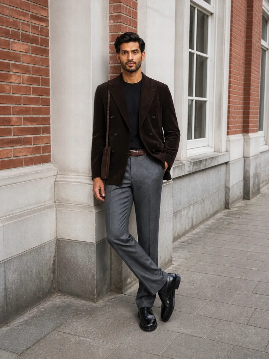 Lardini corduroy blazer grey trousers outfit