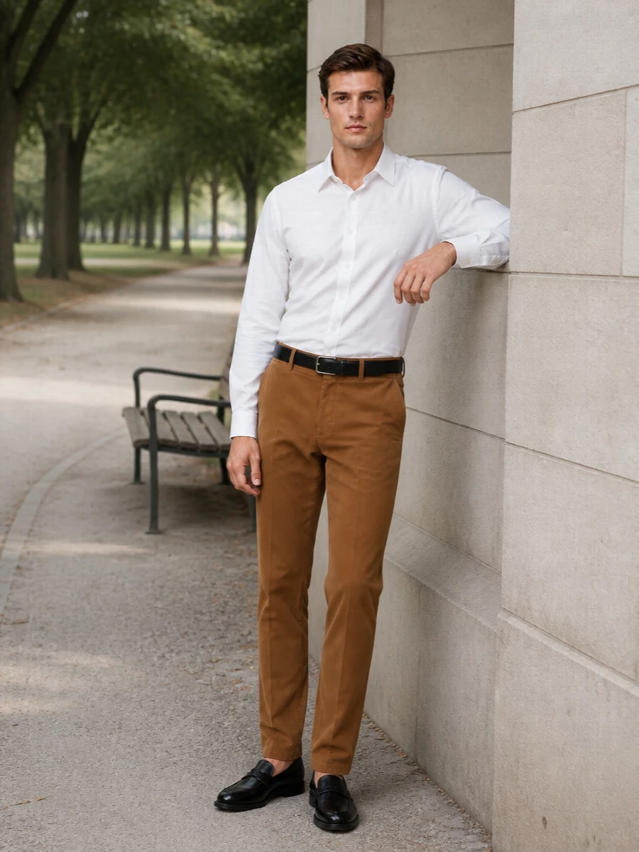 Alexander mcqueen camel trousers white shirt