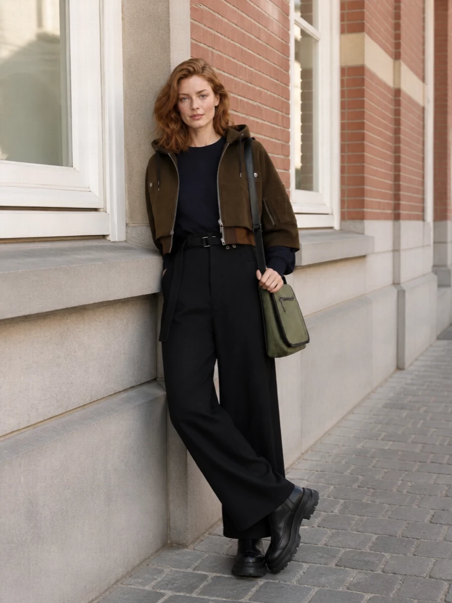 Sacai bomber wide leg trousers chunky boots