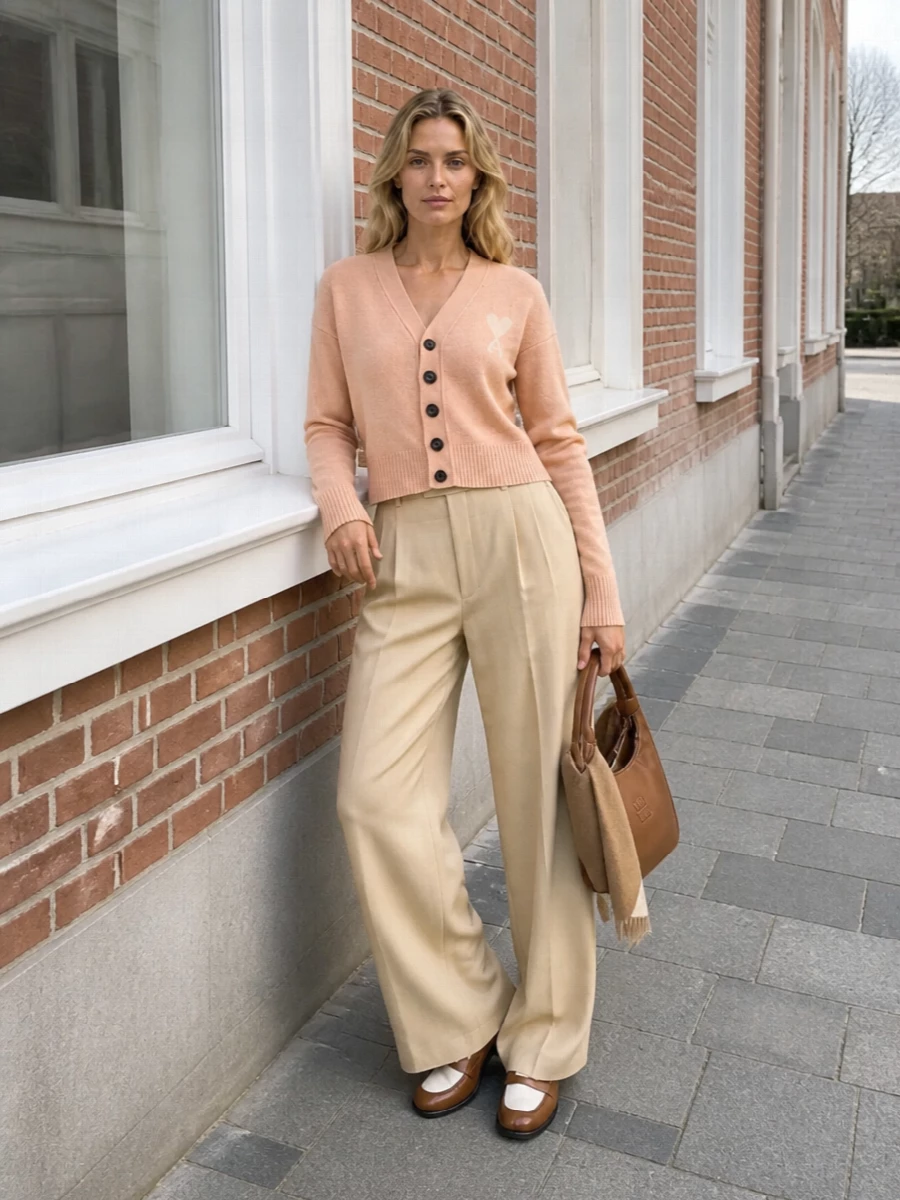 Ami paris cardigan wide leg trousers outfit
