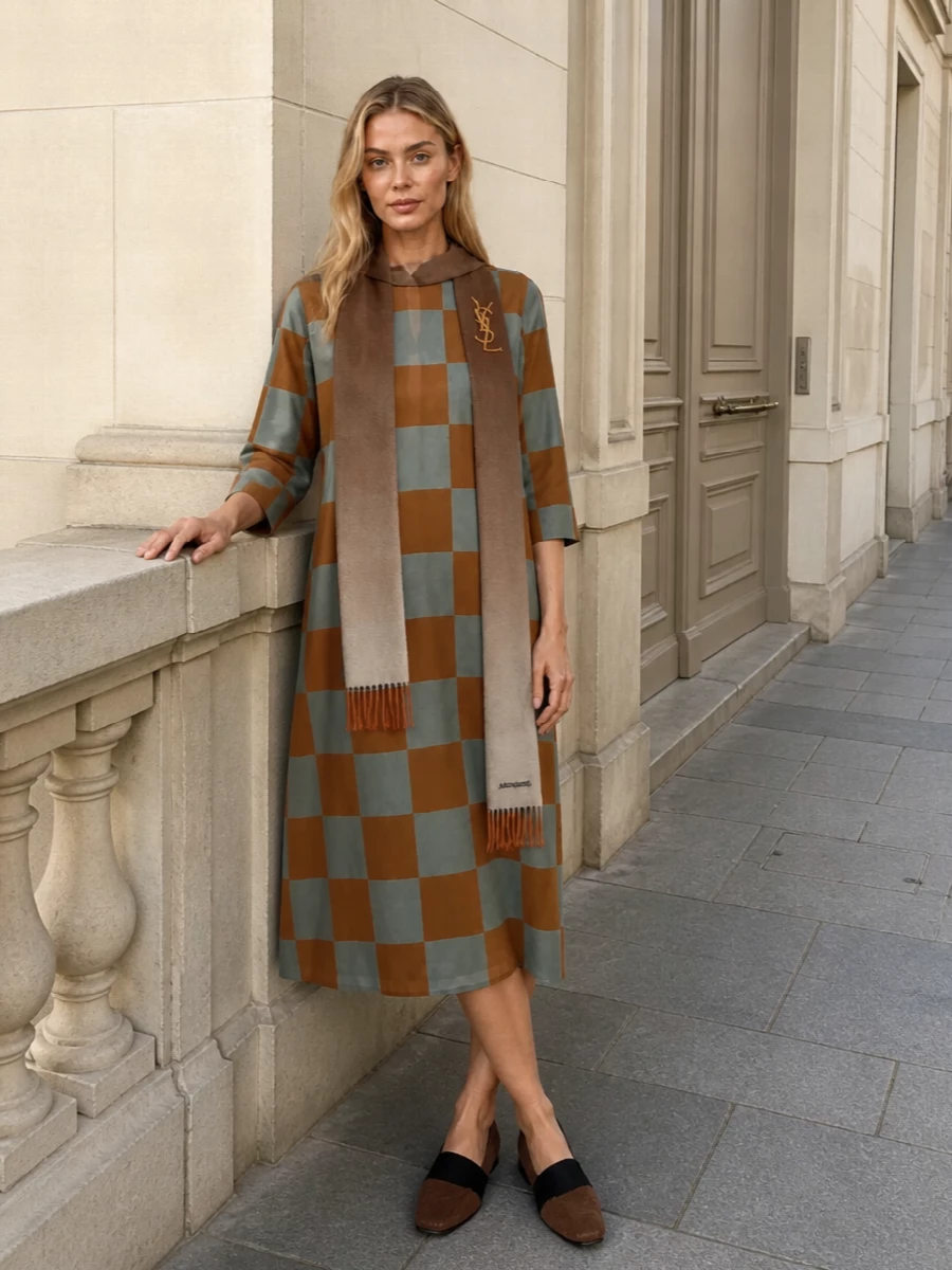 Quietly graphic and warm, this outfit lets the checked midi dress set the tone while rich chestnut flats and a tan bucket bag keep everything grounded and wearable. The brown tonal accessories echo the cognac squares rather than fight them, so the whole reads minimal, softly architectural and ready for city days or gallery afternoons. A single antique-gold brooch and ombré scarf introduce just enough texture and detail without disturbing the clean lines of the shift.