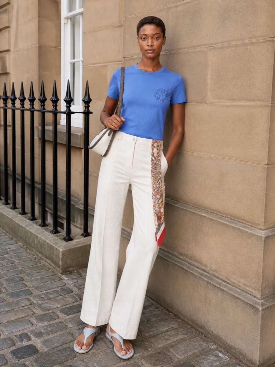 Etro blue tee ivory wide leg trousers outfit