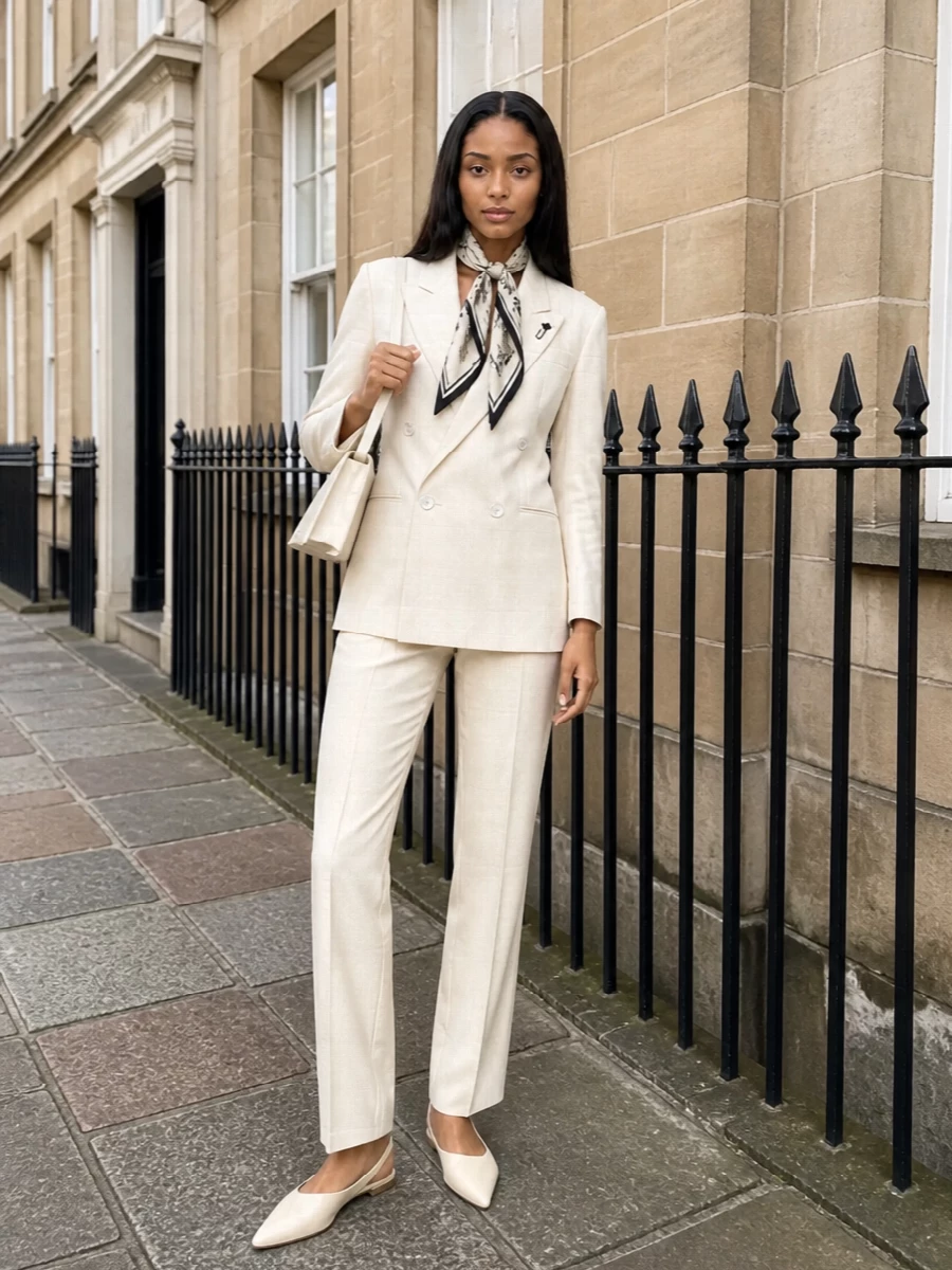 An ivory-on-ivory tailoring story keeps the focus on cut: a sculpted double-breasted blazer over razor-clean straight trousers. A pointed cream slingback and slim ivory shoulder bag keep the lines sleek, while an ivory and black silk square scarf adds just enough graphic tension to feel intentional and modern.