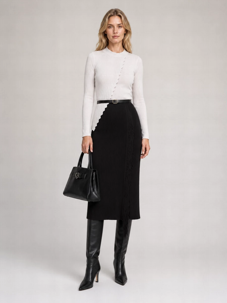 Emporio Armani Ribbed Knit Fringed Slim-Fit Midi Skirt