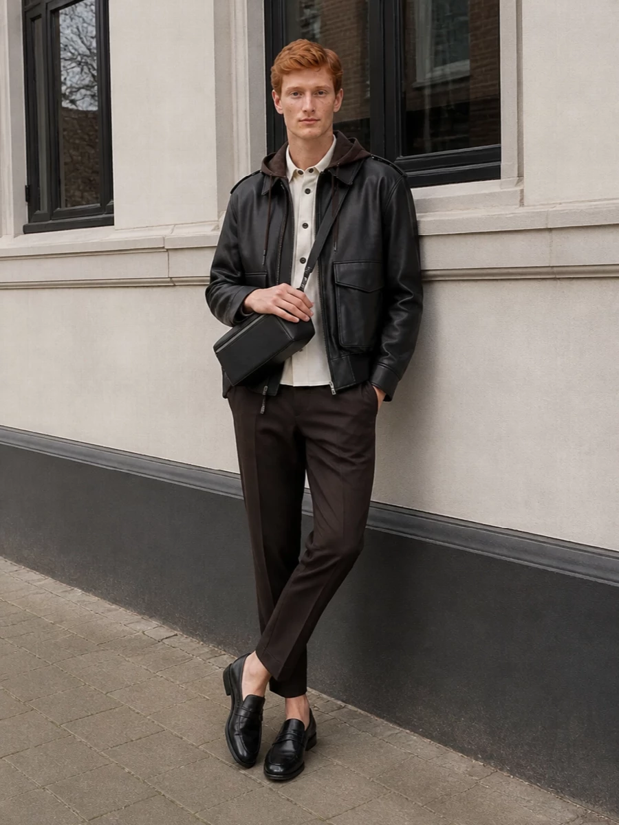 Loewe leather bomber cropped brown trousers outfit