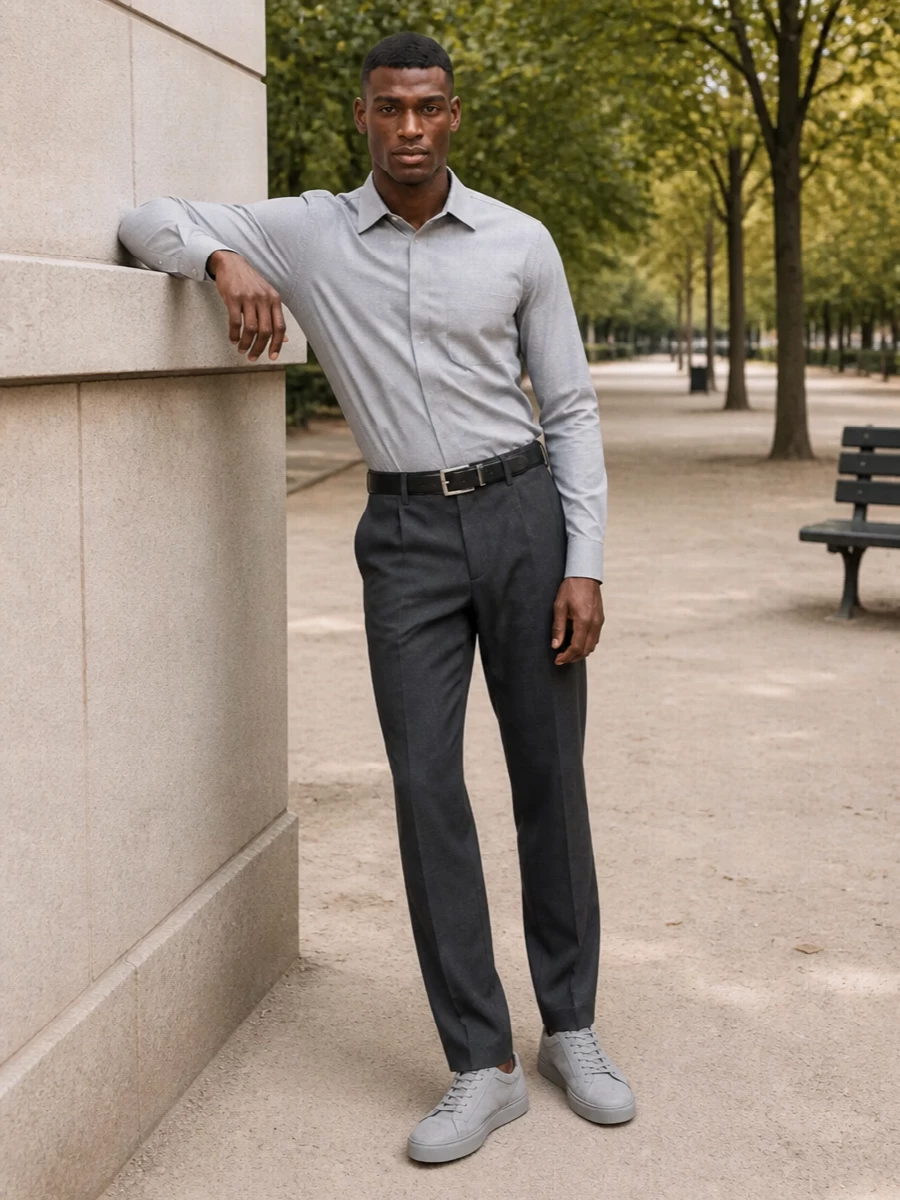 Herno charcoal trouser grey shirt tods sneakers