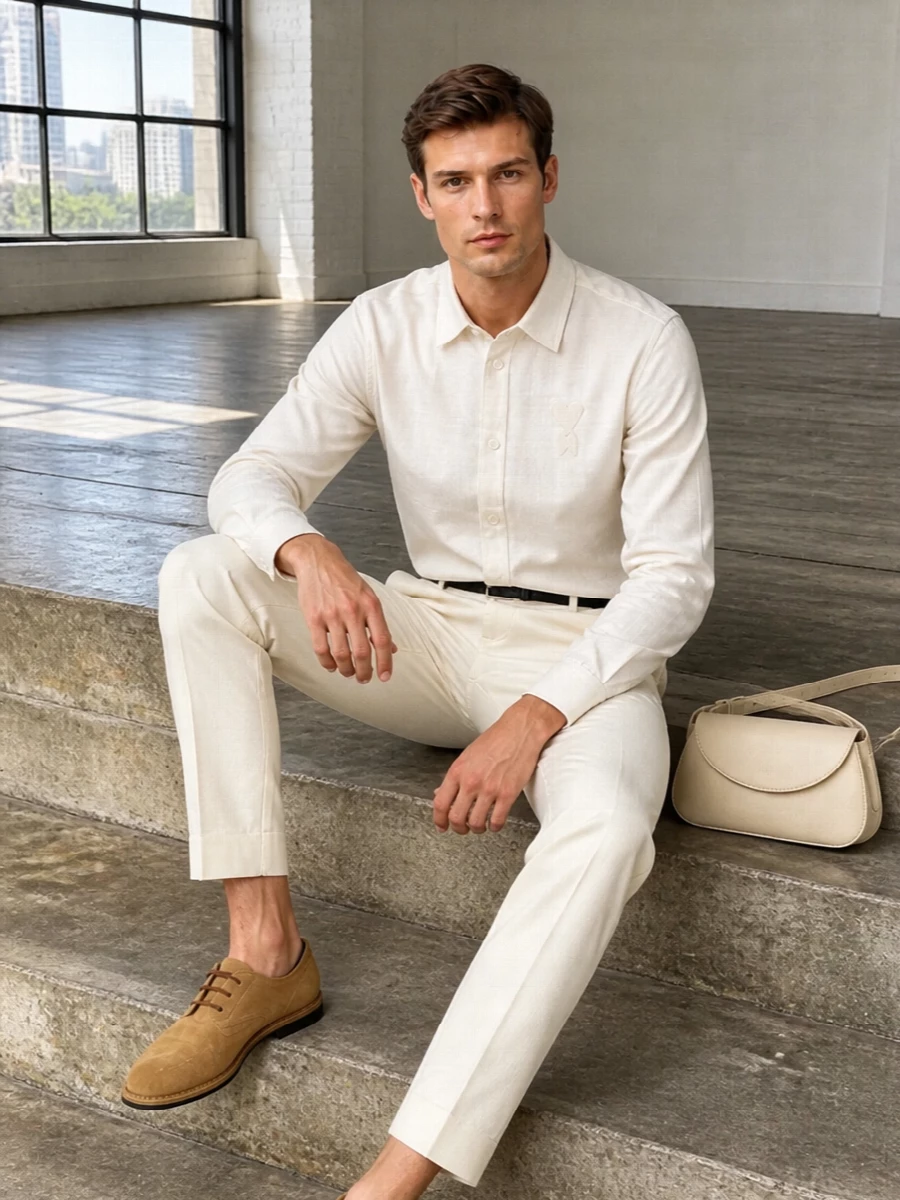 Cream on cream keeps this outfit calm and intentional, letting the high-rise tailored trouser do the talking. The tonal shirt and suede lace-ups keep it softly structured for summer dinners or gallery evenings. A pale, sculptural bag and slim black belt finish it with just enough precision to feel considered, not corporate.