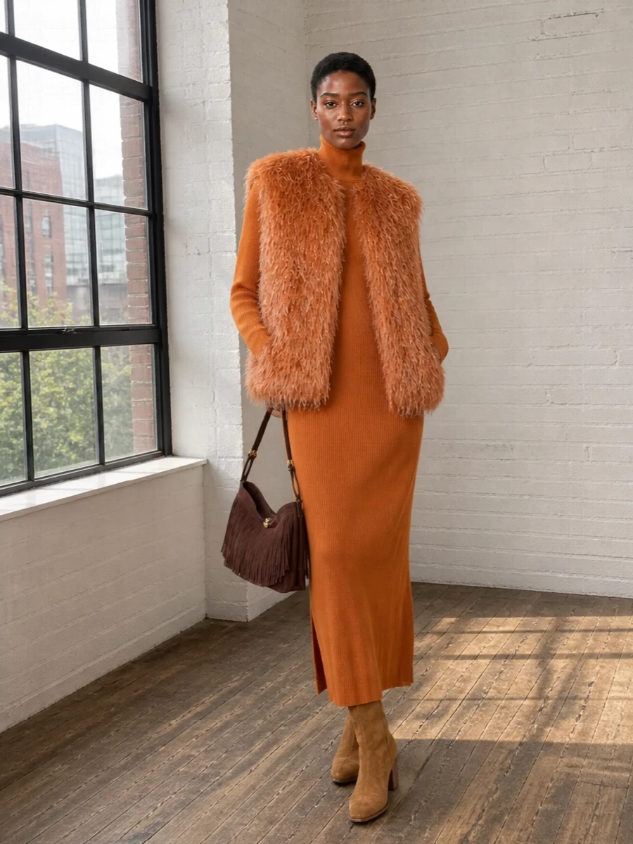 Forte forte faux fur vest self portrait dress