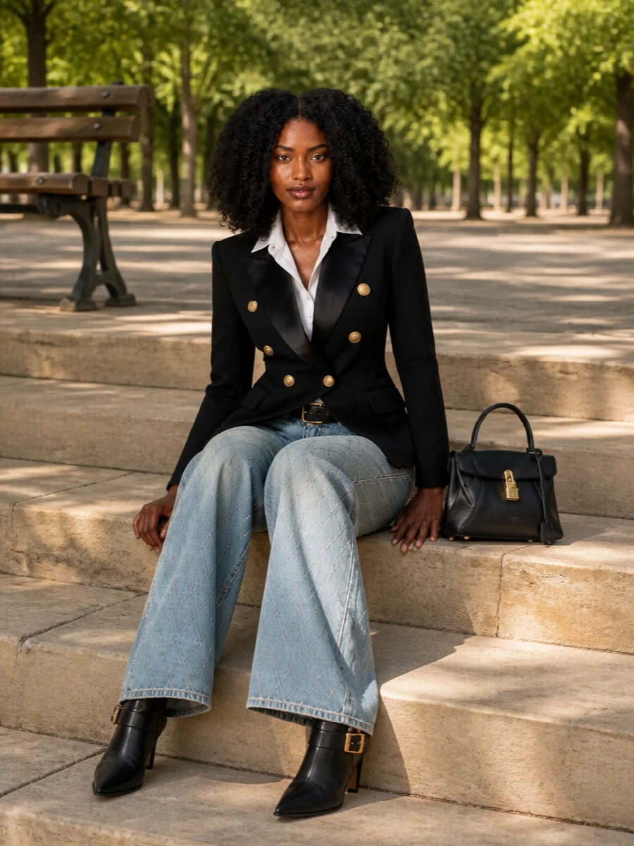 Balmain blazer wide leg quilted jeans outfit