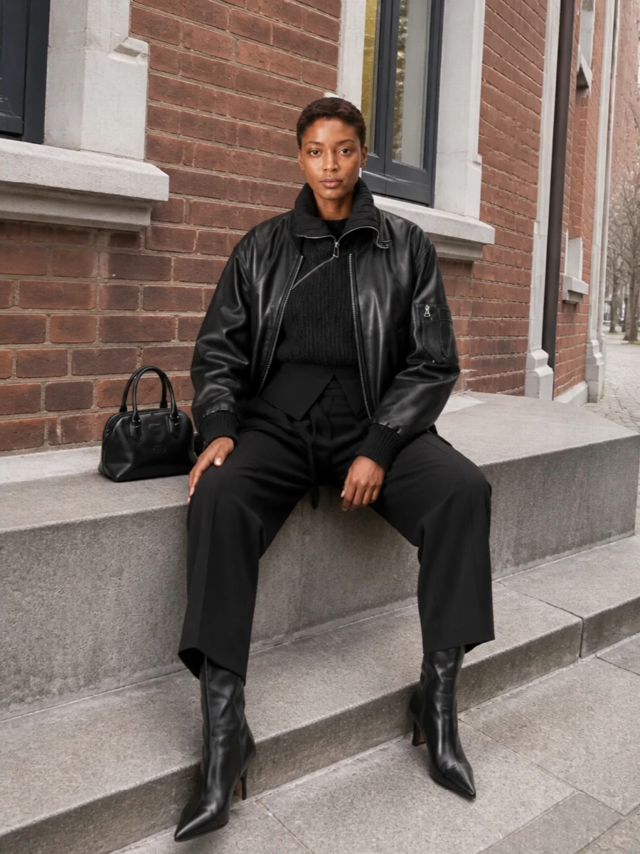 This pairing treats The Attico bomber as a sculptural shell over tonal charcoal knit and sharply cut high-waisted black trousers, keeping everything within a moody, minimalist streetwear universe. Tall pointed boots and a compact structured bag refine the volume play, giving a long, clean line that feels quietly powerful for cold-city days and nights. I chose the top-and-bottom route rather than a dress so the bomber reads as a true outer layer, with proportion play and texture doing the work instead of a single statement piece competing underneath.