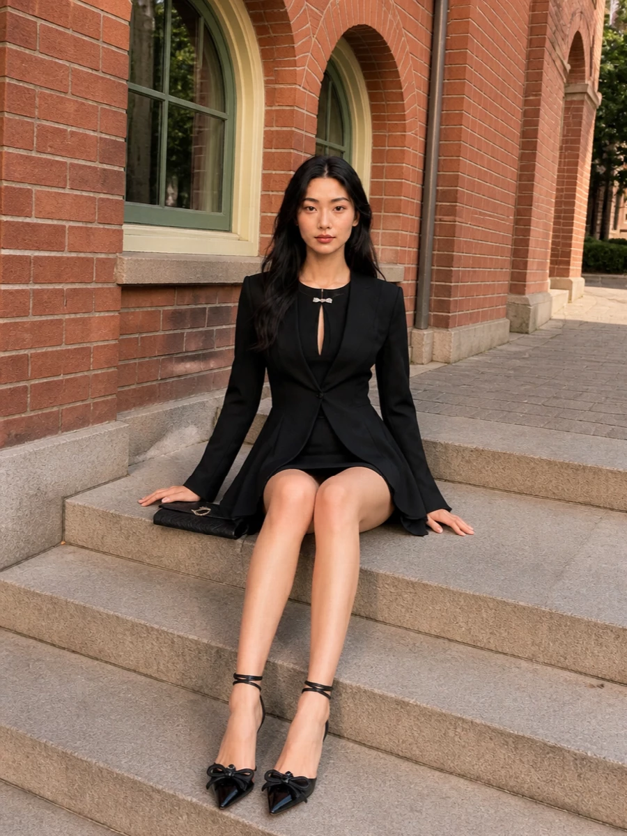 Blumarine black peplum jacket mini dress outfit