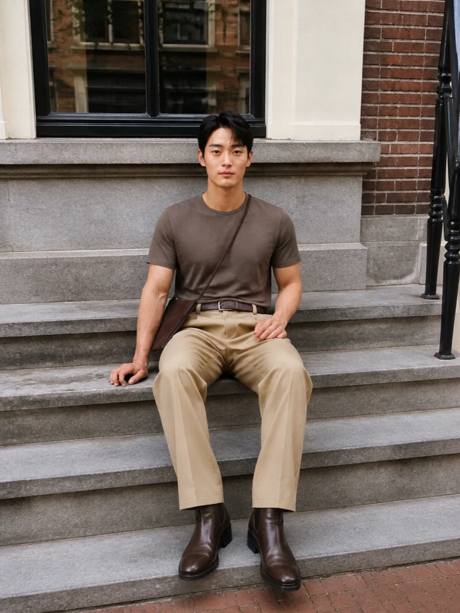 Lemaire taupe tee apc wide trousers outfit