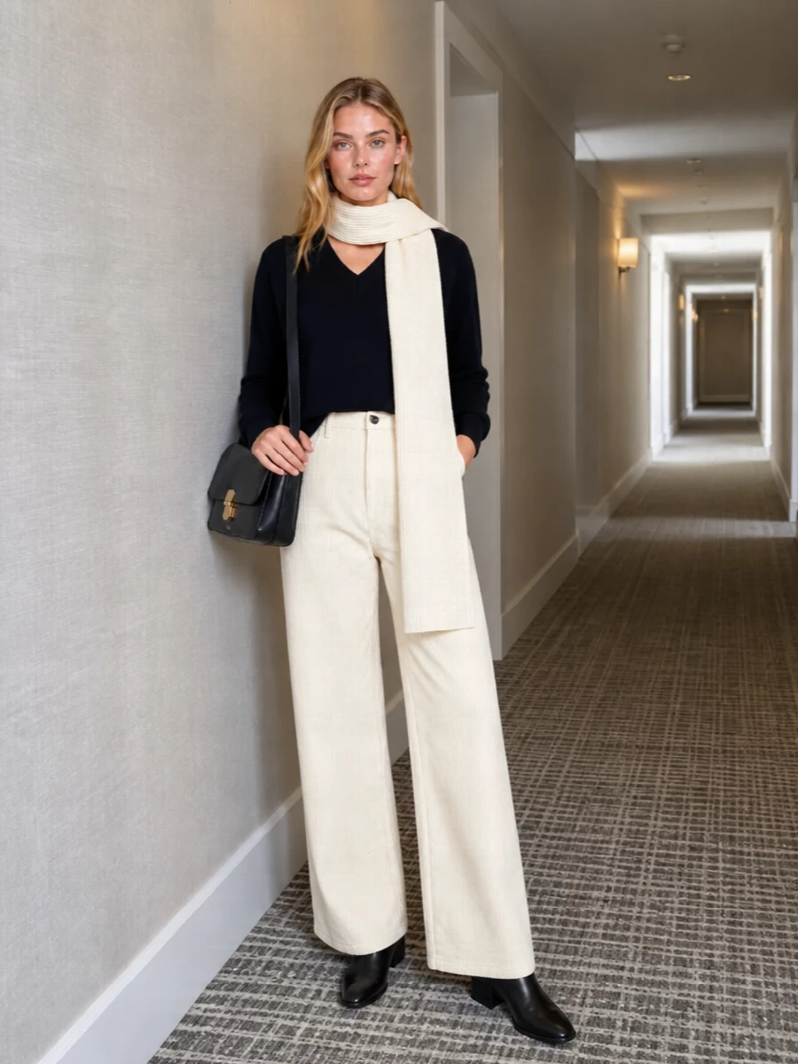 Rohe navy sweater ivory wide leg pants outfit