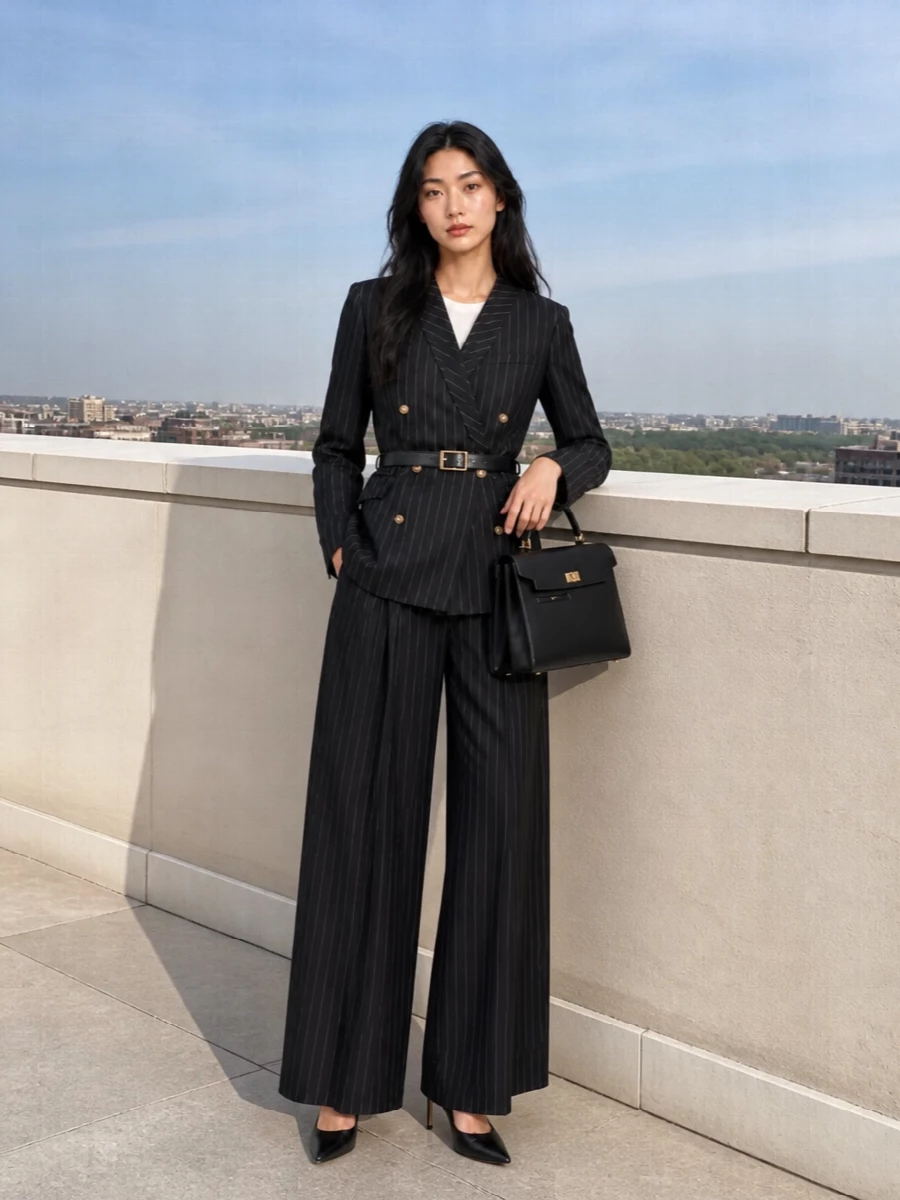 Casablanca pinstripe suit prada black pumps