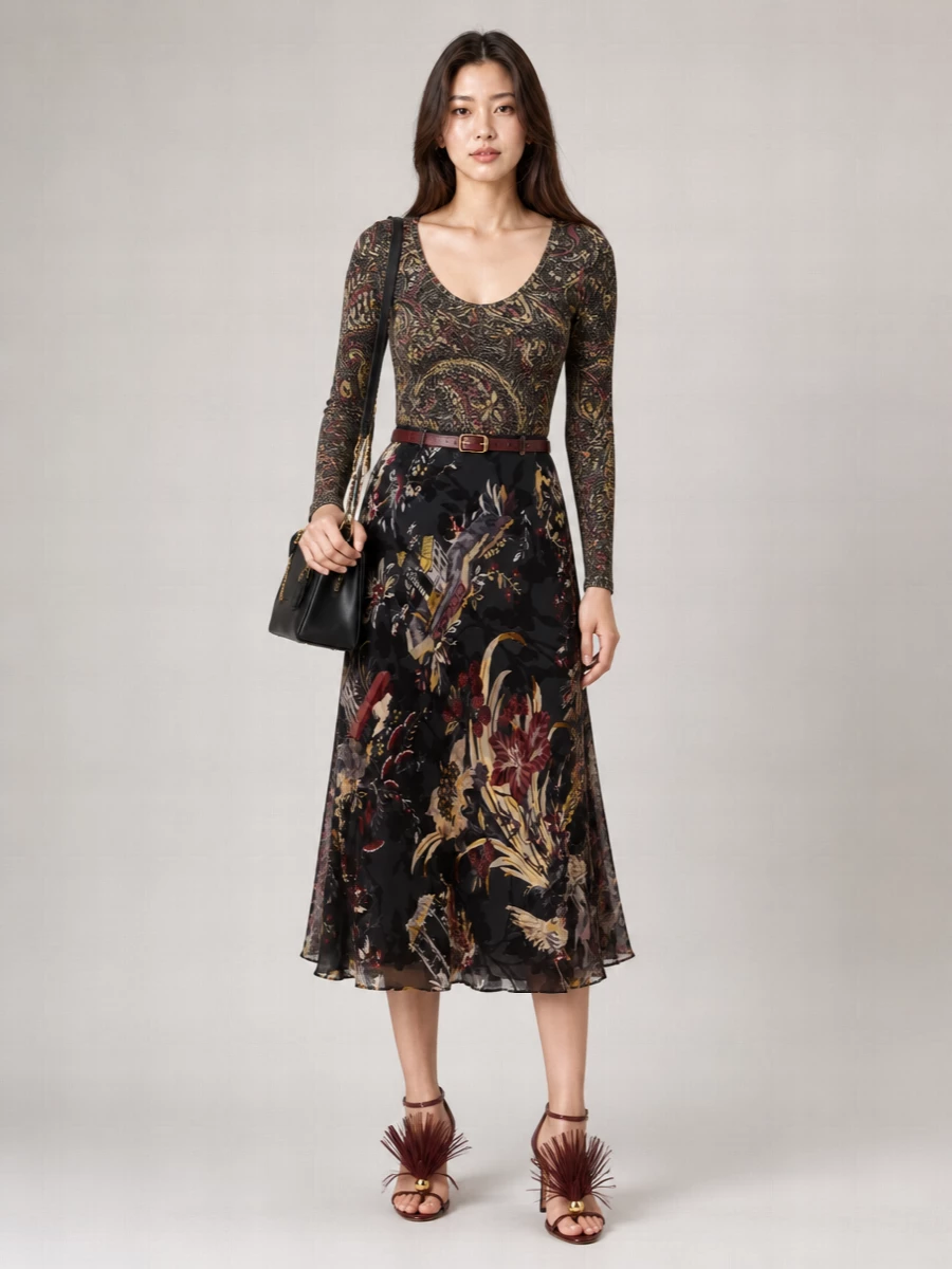 Etro Silk Floral Animal-Print Velvet Devore Midi Skirt