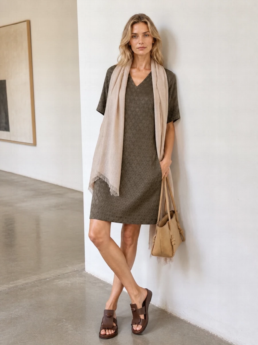 An Uma Wang gradient dress in earthy jacquard meets sculptural brown slides for a grounded, quietly artistic mood. A soft camel suede shoulder bag adds tactile structure, while a gauzy neutral stole keeps the palette calm and layered. The result is an easy, walk-all-day outfit that still reads considered from gallery visit to late lunch.