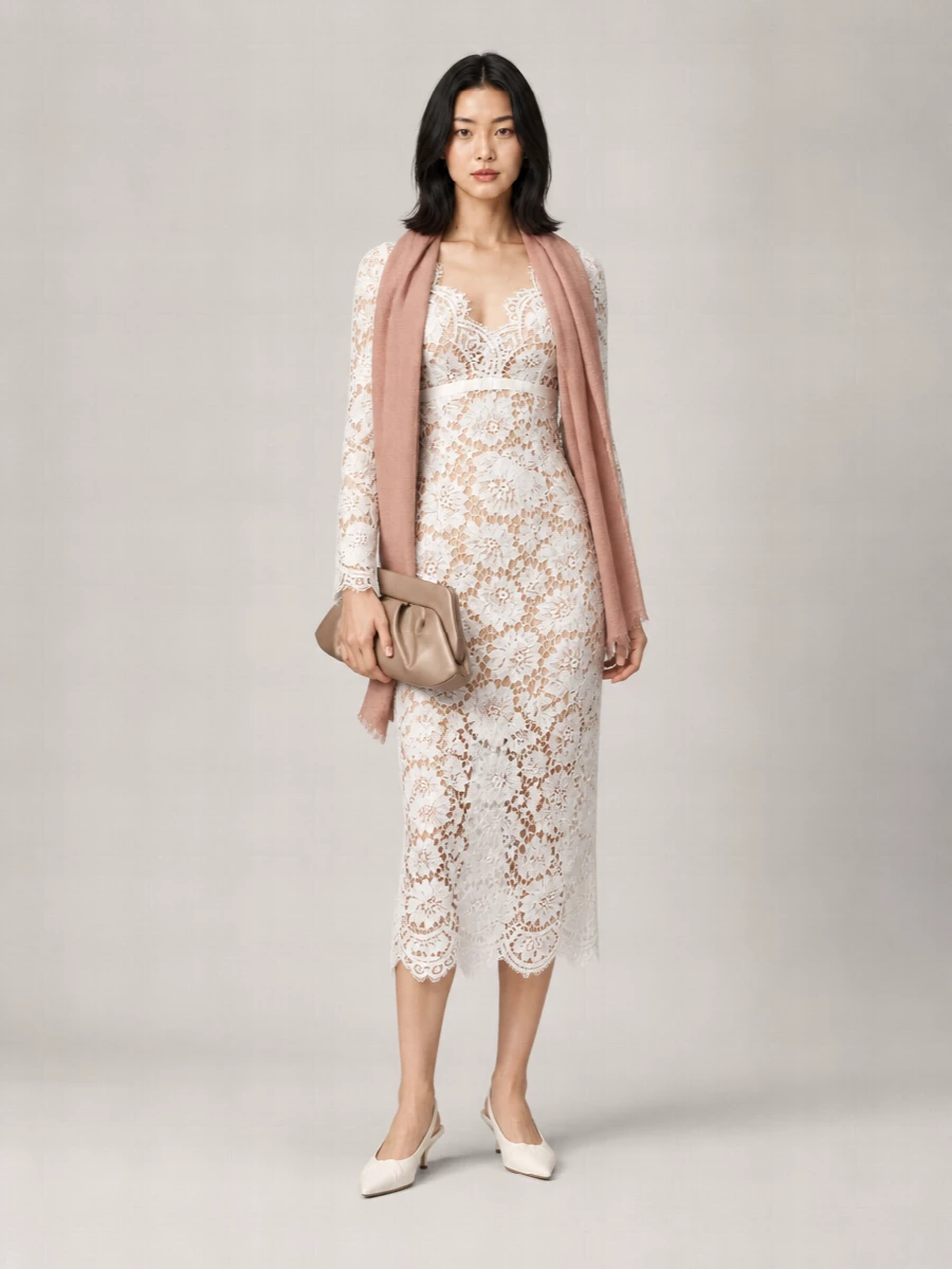 Self-Portrait Floral Lace Long Sleeve V-Neck Midi Dress