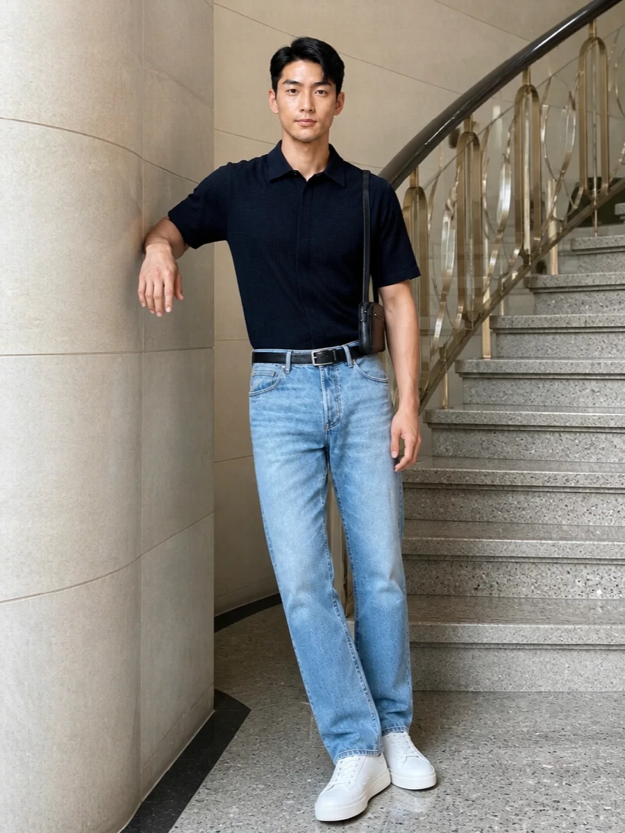 Light-wash straight denim is grounded with an inky short sleeve shirt for a clean, modern contrast that still feels easy. Creamy off-white sneakers keep the palette soft and summery, while a compact black crossbody and slim black belt add just enough structure to make this feel intentional rather than thrown together.