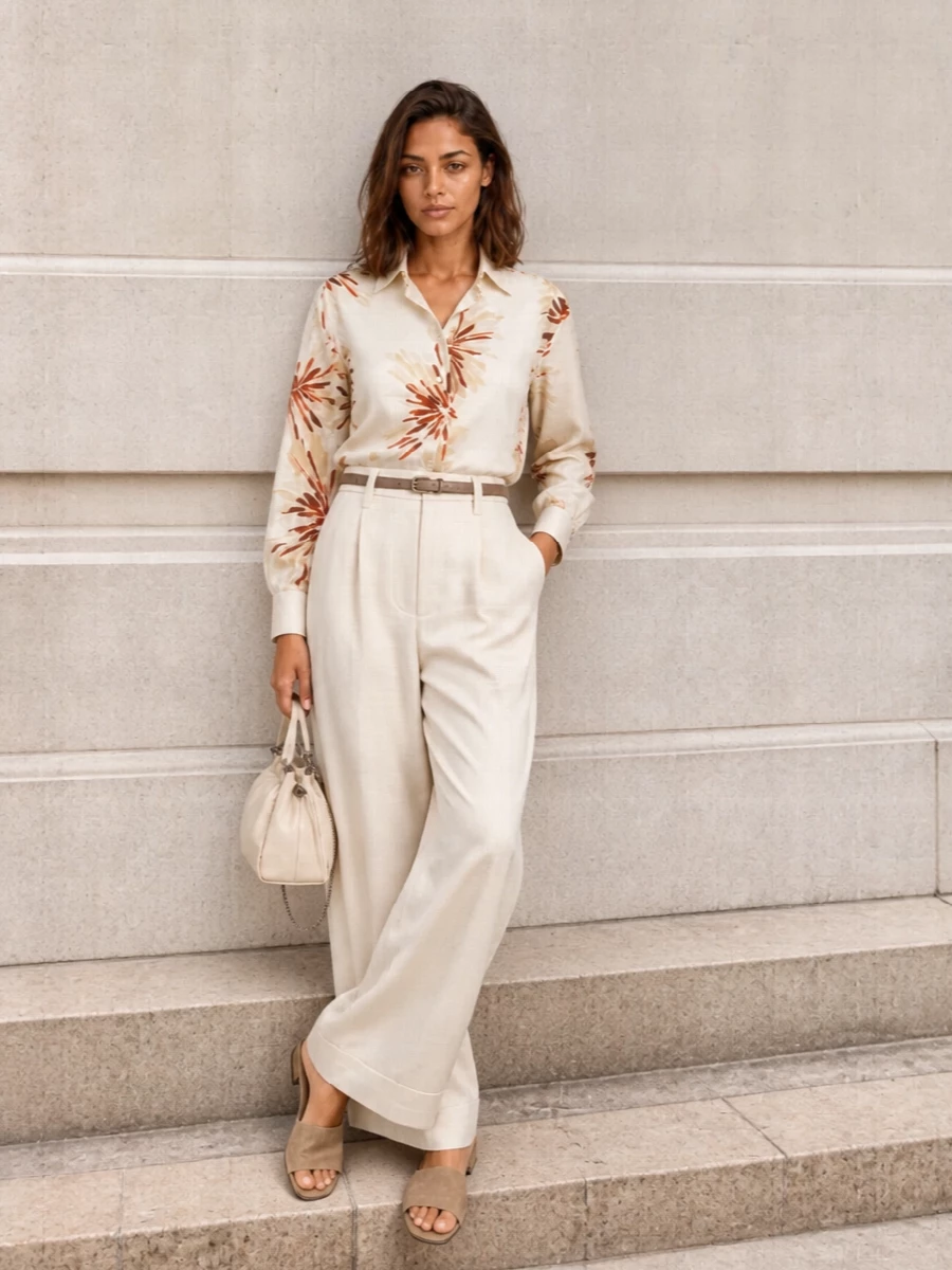 Brunello cucinelli floral shirt ivory wide leg trousers
