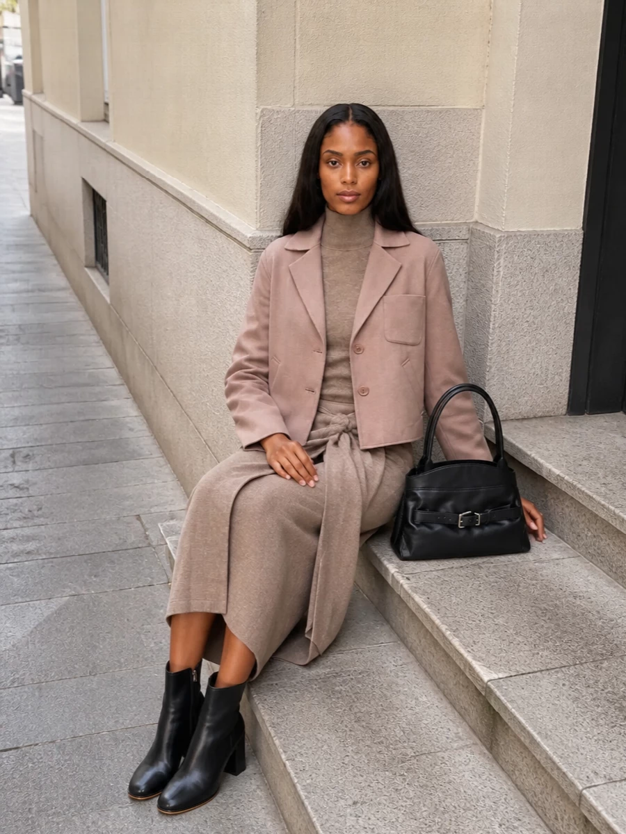 Max mara knit midi dress dusty rose blazer outfit