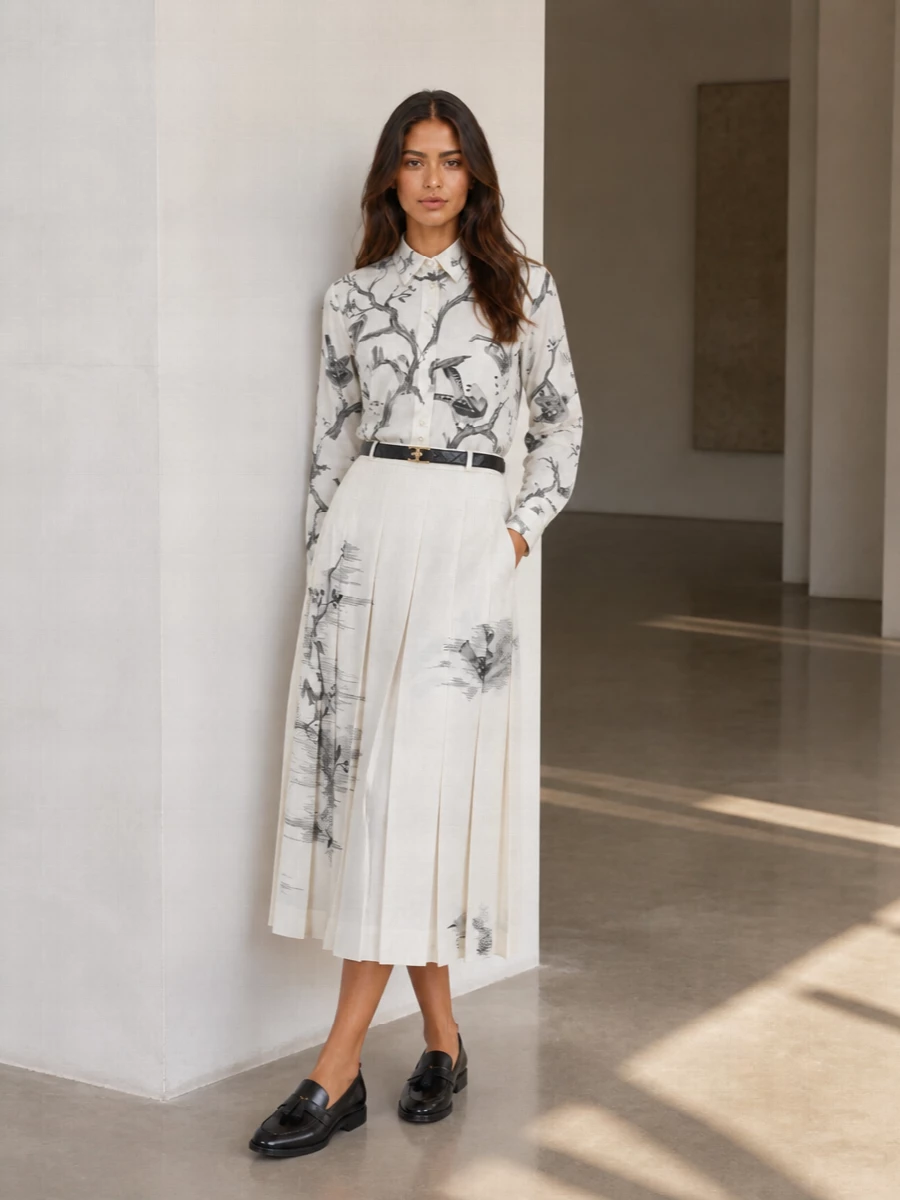 Thom browne ivory pleated midi skirt outfit
