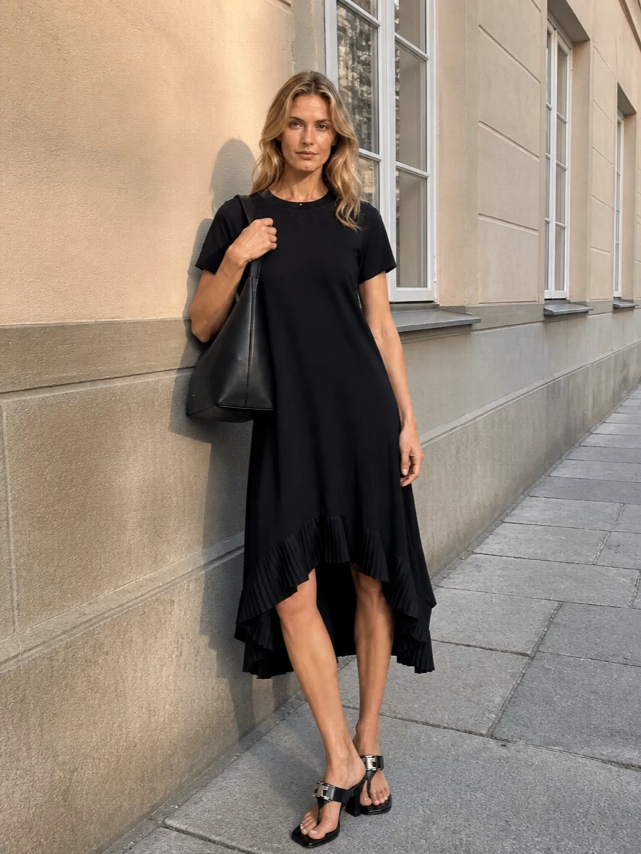 I’m anchoring this with the Sacai black midi dress rather than separates, because its tee-clean top and asymmetric pleated hem echo the Givenchy bag’s sculpted minimalism and soft drama in one gesture. The all-black palette keeps the bag and dress reading as a single, architectural line, while the Burberry block-heel sandals introduce just enough height and polish for city evenings without breaking the quiet-luxury mood. It is an understated, graphic cocktail ensemble that moves easily from gallery openings to late dinners with nothing more than a jewelry shift.