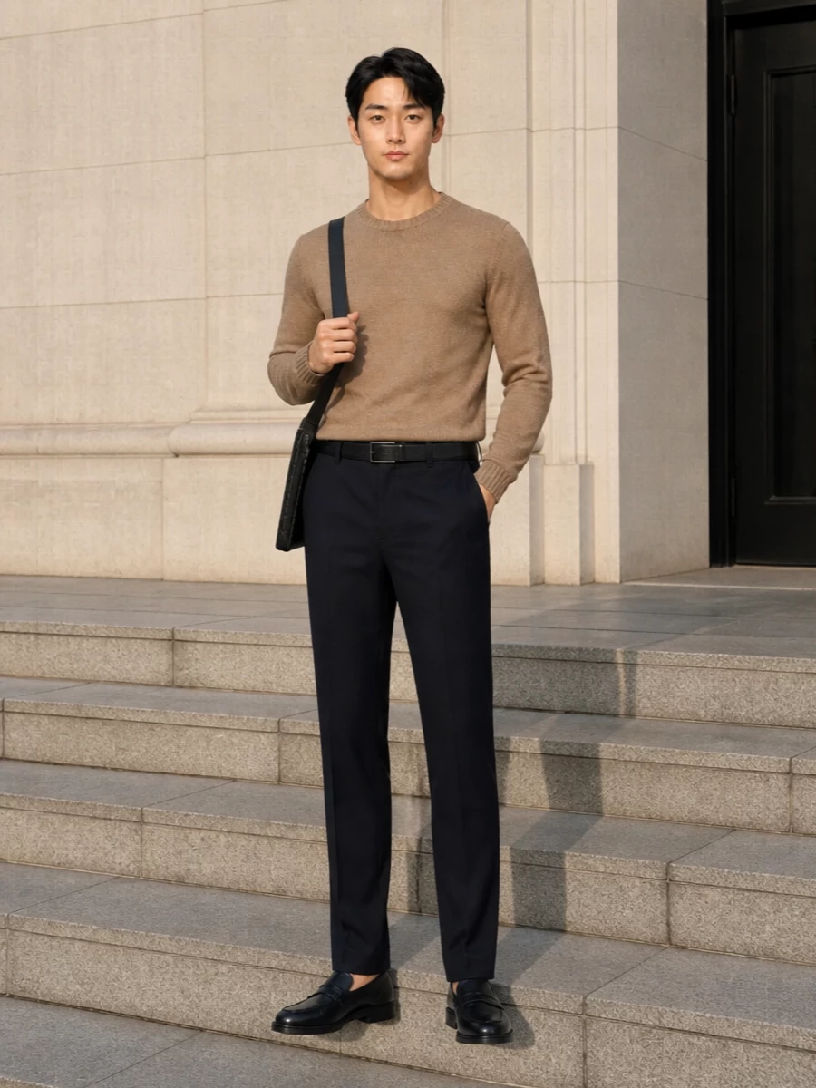 Pt torino navy trousers camel sweater outfit