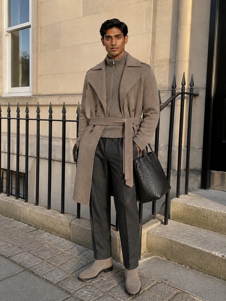 Maison margiela taupe knit coat tailored trousers
