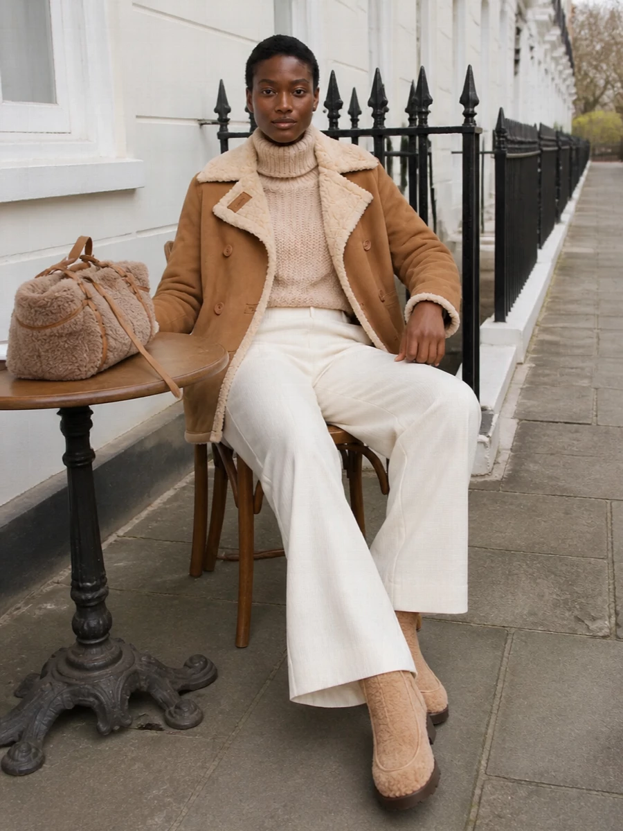 Herno shearling coat cream wide leg trousers