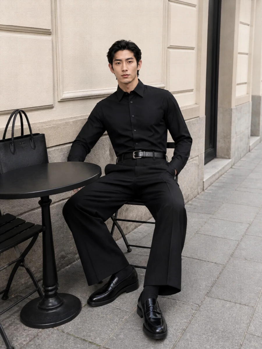 Jil sander black wide leg trouser shirt outfit