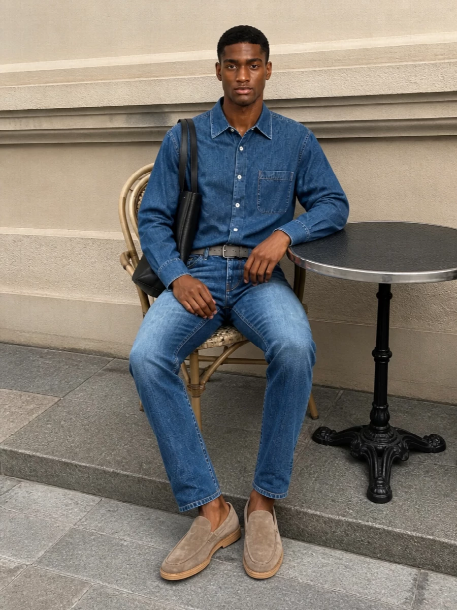 Our legacy denim shirt tods suede loafers outfit