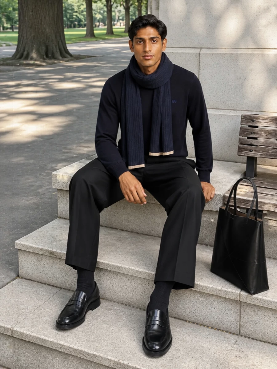 Loewe navy sweater black wide leg trouser outfit