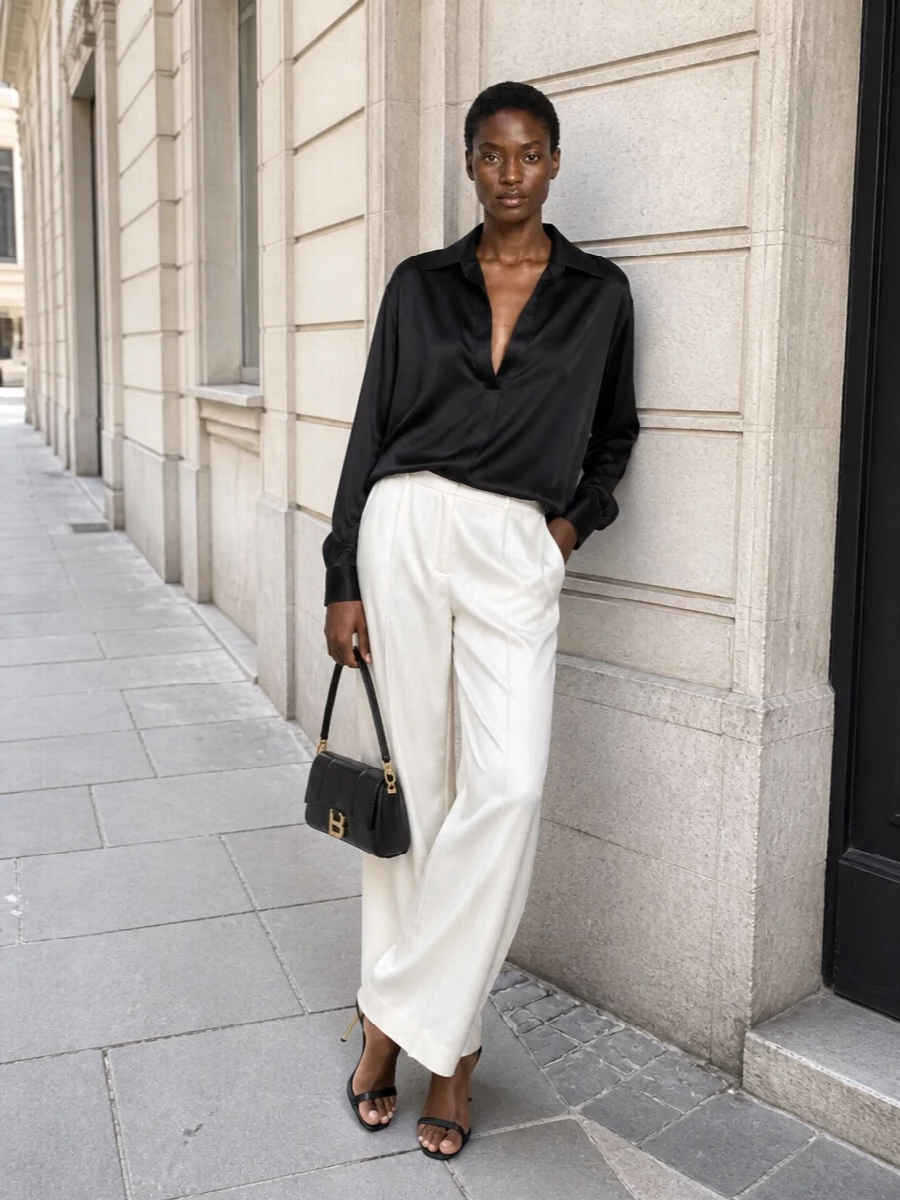Tom ford satin shirt ivory wide leg trousers
