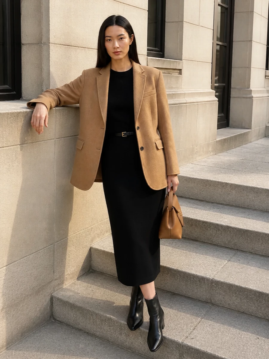 Anine bing camel coat black knit midi dress