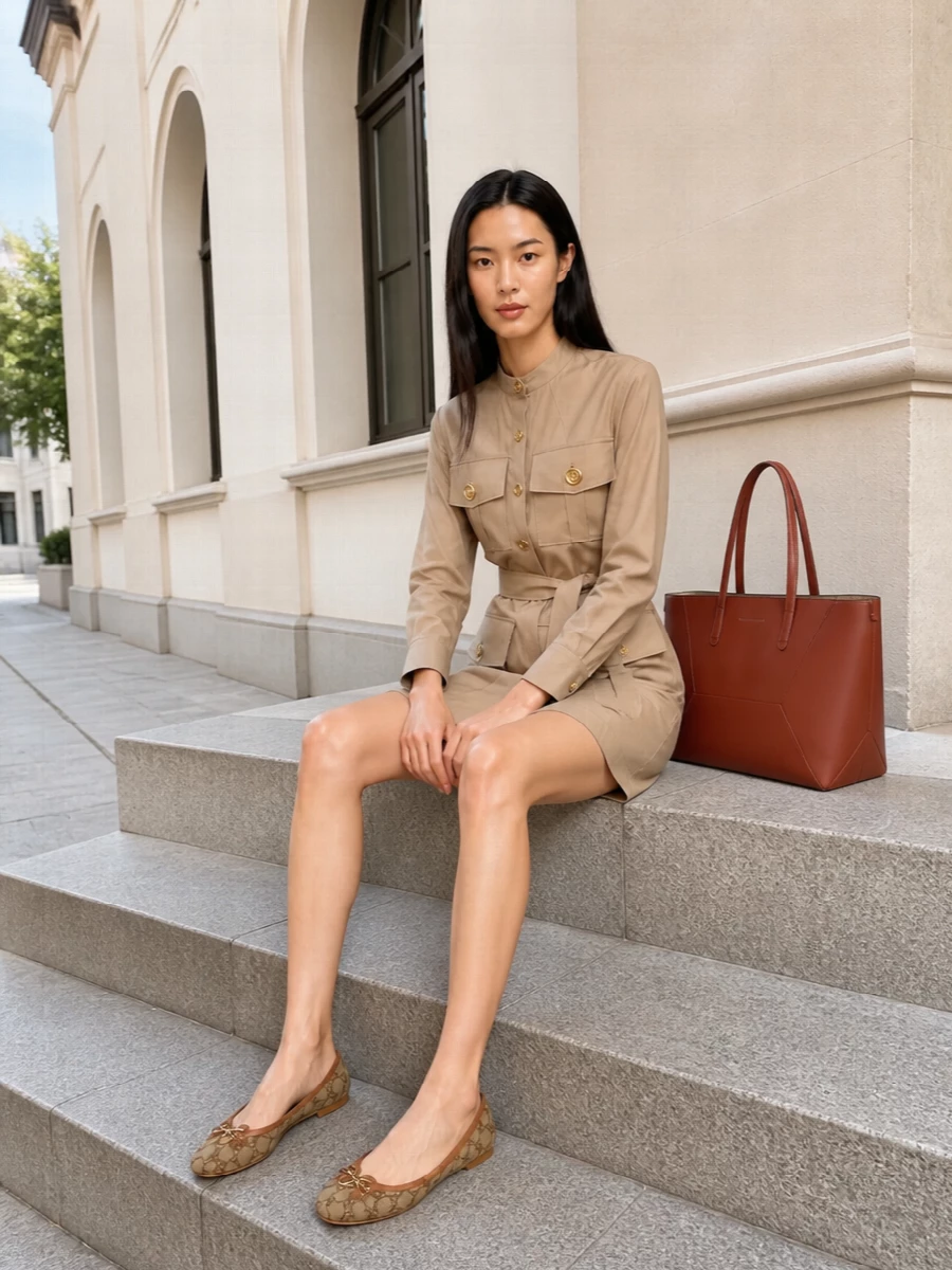 A sharply tailored taupe shirt dress plays directly into the tote’s quiet structure, giving you a clean, utilitarian column that still feels considered for the city. Tan logo ballerinas keep it grounded and comfortable while subtly picking up the bag’s warm brown, so every element reads calm, coordinated and quietly luxurious. Choosing the dress path keeps the silhouette streamlined and lets texture and proportion do the work rather than adding competing separates.