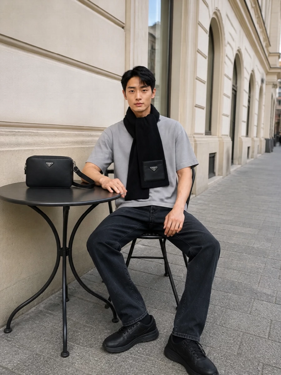 Prada grey tee charcoal trousers black sneakers