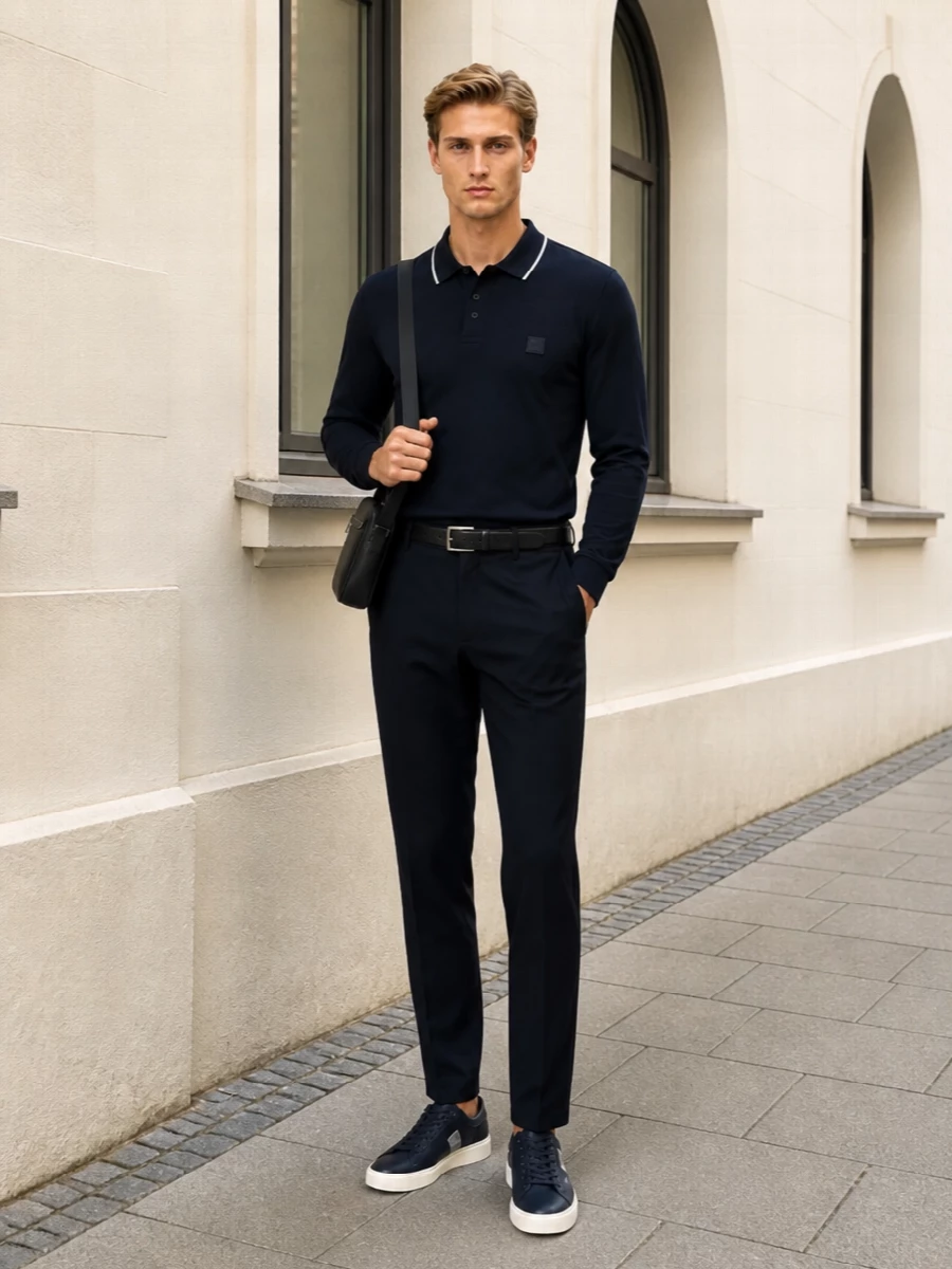 Boss navy polo tapered trousers sneakers