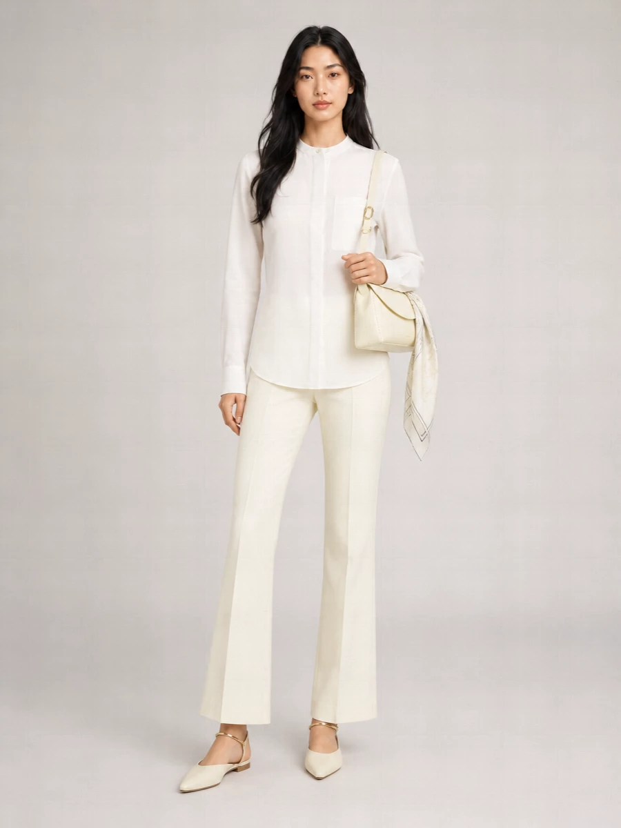 An all-ivory column of Jil Sander tailoring keeps the outline long and precise, with the flared trouser echoing the shirt’s architectural ease. Cream slingbacks and a slim buttercream shoulder bag keep the mood quiet yet boardroom-ready, while the soft graphic scarf adds a discreet, artful accent without disturbing the calm. The result is a refined, tonal ensemble that moves easily from client meetings to late dinners in the city.