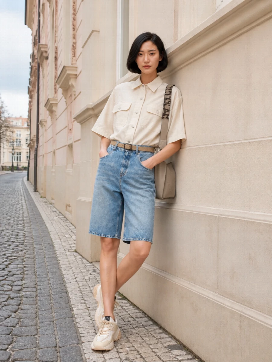 Stella mccartney denim bermuda cream shirt outfit