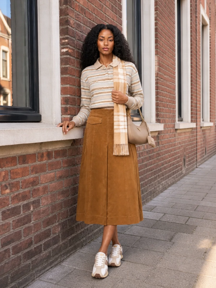 Guest In Residence’s striped polo meets a high-waisted camel corduroy midi for a warm, collegiate take on quiet luxury. Neutral Tod’s runners keep it relaxed but considered, while Prada’s taupe shoulder bag and a soft Burberry scarf add just enough structure and heritage to feel city ready. The result is cozy, textural and polished enough for everything from casual office days to slow weekend plans.