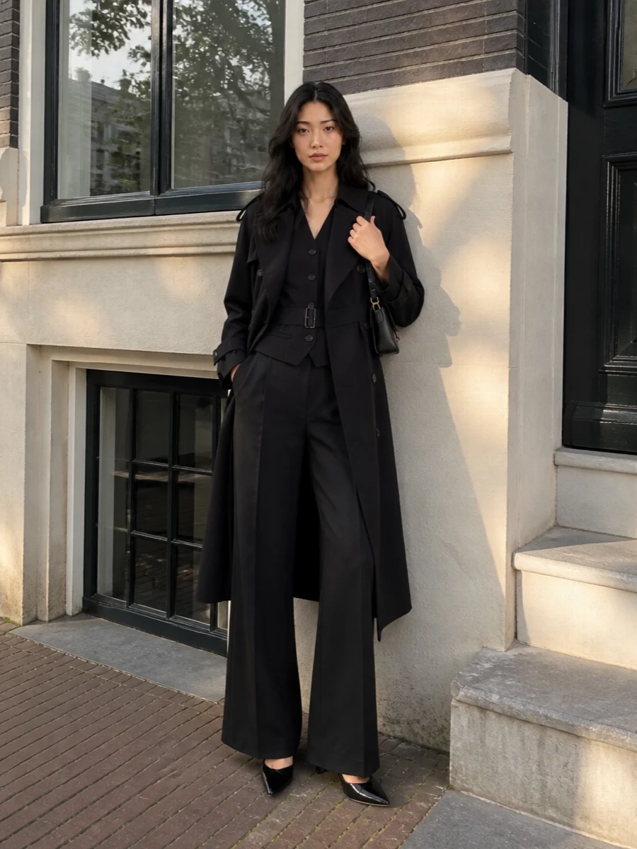Frankie shop black trench tailored waistcoat outfit